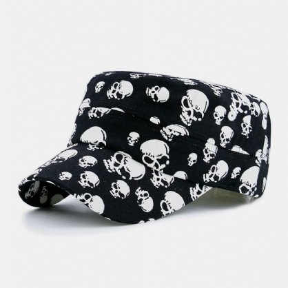 Patrón De Impresión De Calavera De Algodón Unisex Al Aire Libre Casual Sombrilla Sombrero Militar Sombrero Plano Gorra Con Visera