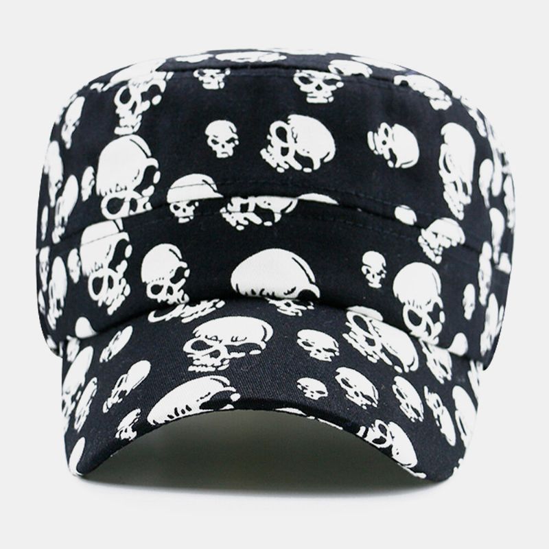 Patrón De Impresión De Calavera De Algodón Unisex Al Aire Libre Casual Sombrilla Sombrero Militar Sombrero Plano Gorra Con Visera