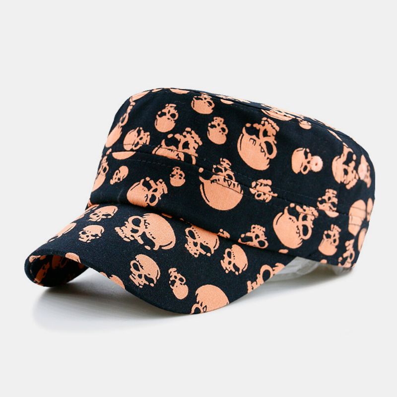 Patrón De Impresión De Calavera De Algodón Unisex Al Aire Libre Casual Sombrilla Sombrero Militar Sombrero Plano Gorra Con Visera