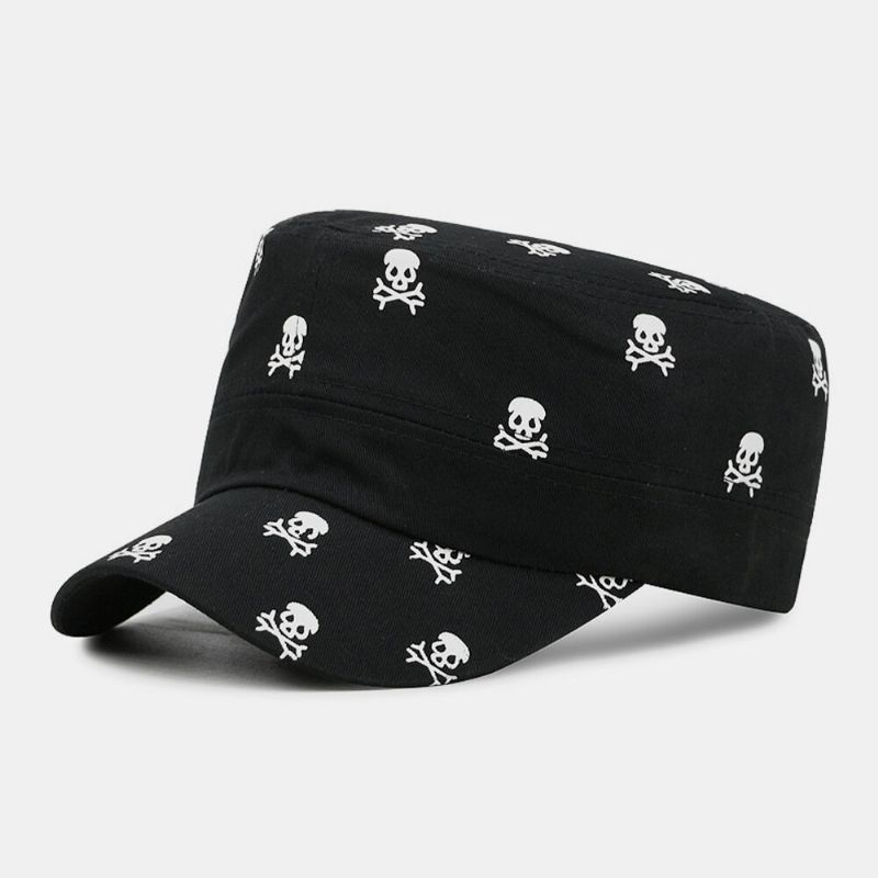 Patrón De Impresión De Calavera De Algodón Unisex Al Aire Libre Casual Sombrilla Sombrero Militar Sombrero Plano Gorra Con Visera