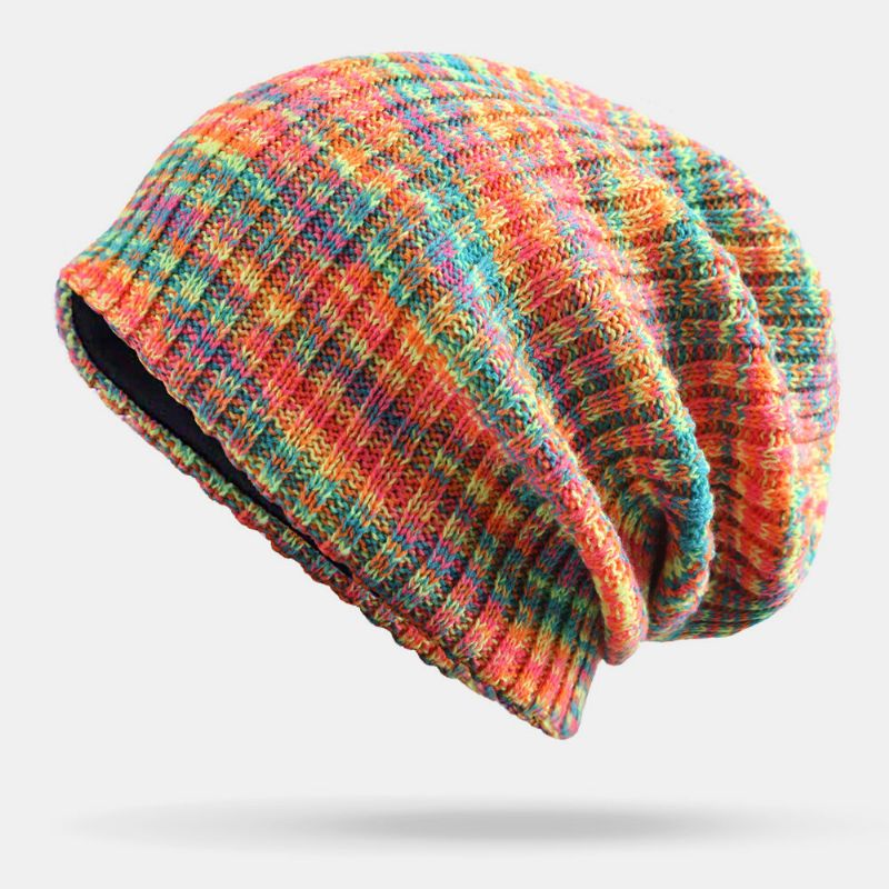 Patrón De Rayas De Color Arcoíris Mixto De Lana Unisex Más Terciopelo Grueso Cálido Gorro De Punto Gorro De Punto