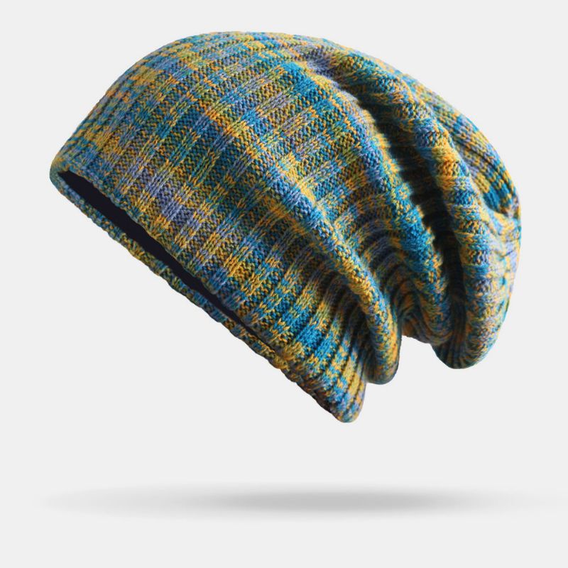 Patrón De Rayas De Color Arcoíris Mixto De Lana Unisex Más Terciopelo Grueso Cálido Gorro De Punto Gorro De Punto