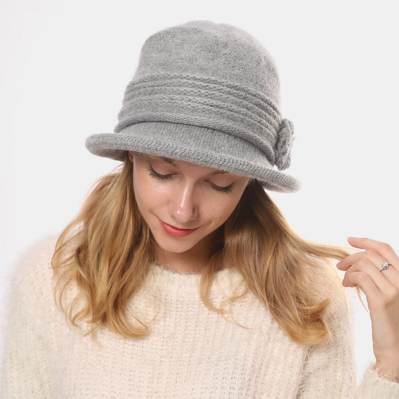 Pelo De Conejo Para Mujer Más Espesar Cálido Decoración De Flores Moda Casual Sombrero De Punto Sombrero De Cubo