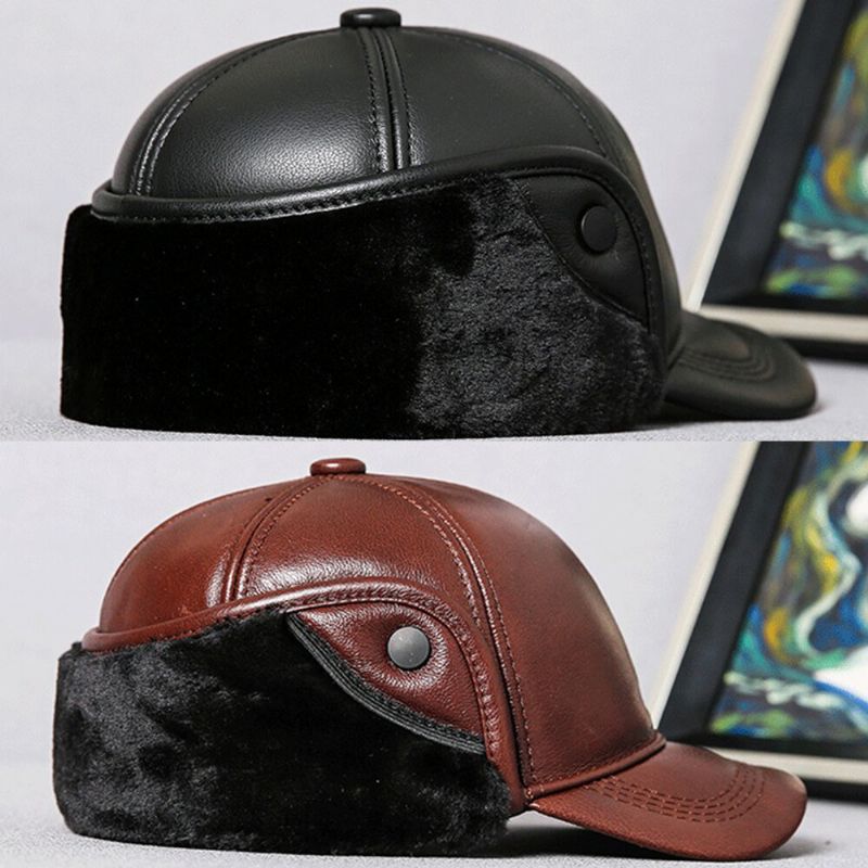 Protección Para Los Oídos De Cuero Genuino Para Hombres Keep Warm Plus Velvet Gorra De Béisbol Para Exteriores