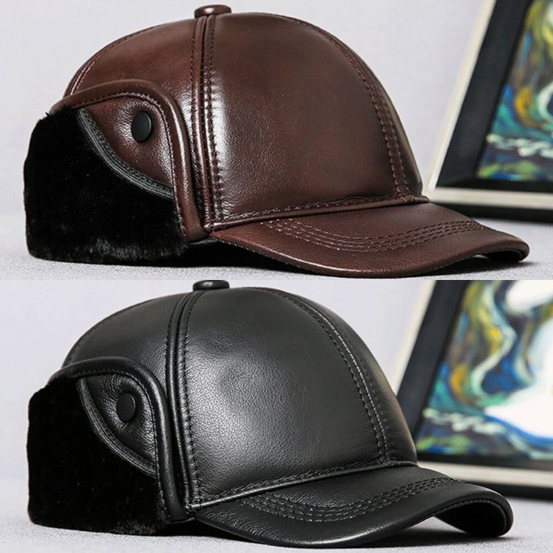 Protección Para Los Oídos De Cuero Genuino Para Hombres Keep Warm Plus Velvet Gorra De Béisbol Para Exteriores