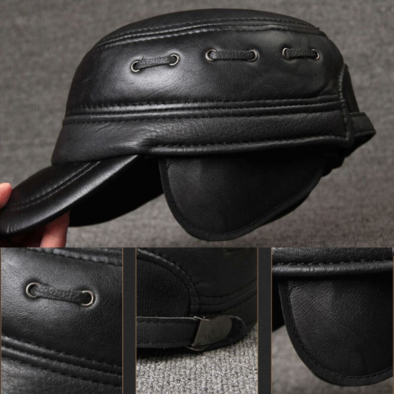 Protección Para Los Oídos De Cuero Genuino Para Hombres Mantener Caliente Sombrero De Béisbol A Prueba De Viento Sombrero Plano