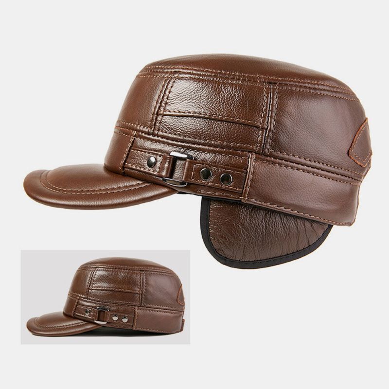 Protección Para Los Oídos De Cuero Genuino Para Hombres Mantener El Calor Al Aire Libre Invierno Sólido Retro Sombrero Militar Sombrero Plano Sombrero Con Pico