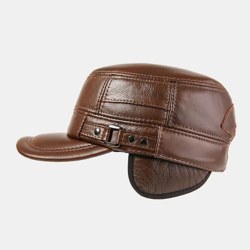 Protección Para Los Oídos De Cuero Genuino Para Hombres Mantener El Calor Al Aire Libre Invierno Sólido Retro Sombrero Militar Sombrero Plano Sombrero Con Pico