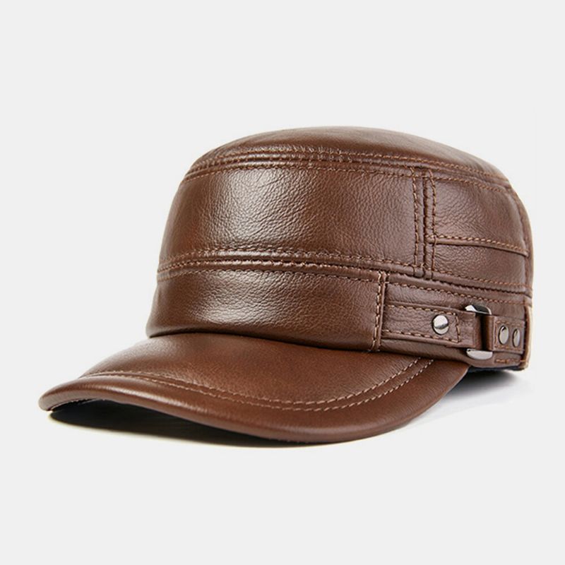 Protección Para Los Oídos De Cuero Genuino Para Hombres Mantener El Calor Al Aire Libre Invierno Sólido Retro Sombrero Militar Sombrero Plano Sombrero Con Pico