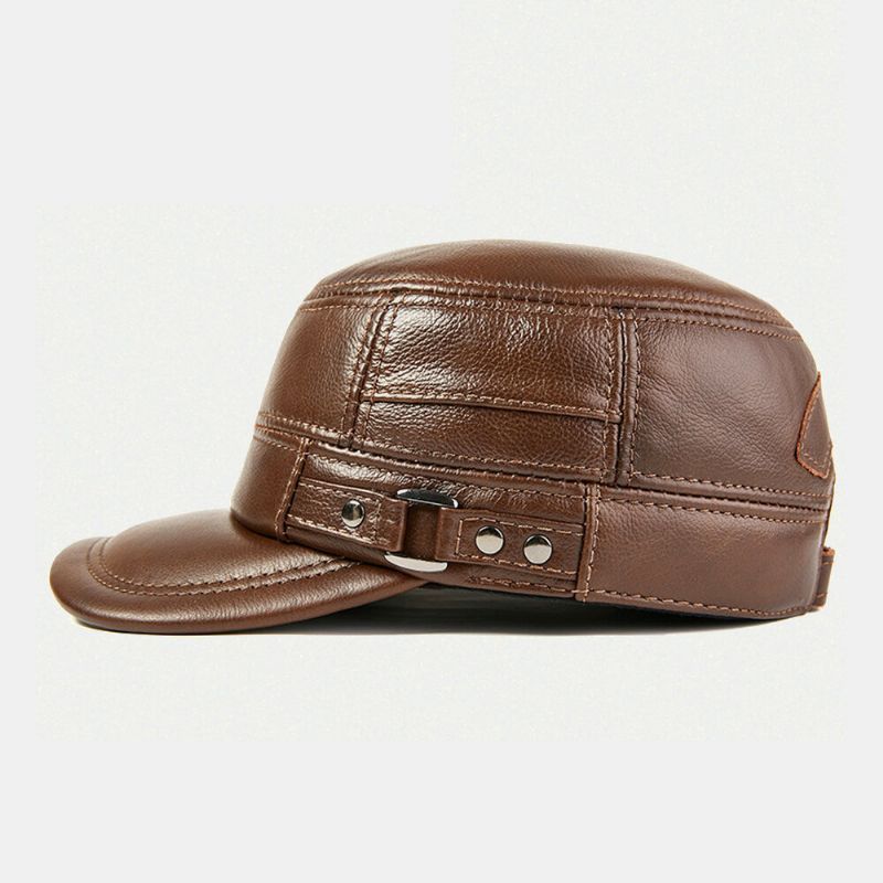 Protección Para Los Oídos De Cuero Genuino Para Hombres Mantener El Calor Al Aire Libre Invierno Sólido Retro Sombrero Militar Sombrero Plano Sombrero Con Pico