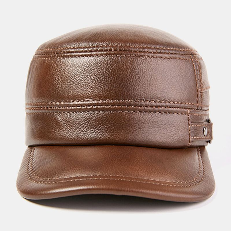 Protección Para Los Oídos De Cuero Genuino Para Hombres Mantener El Calor Al Aire Libre Invierno Sólido Retro Sombrero Militar Sombrero Plano Sombrero Con Pico