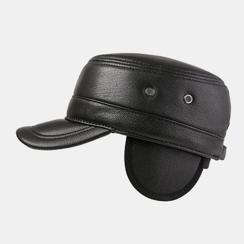 Protección Para Los Oídos De Cuero Genuino Para Hombres Mantener El Calor Al Aire Libre Invierno Sólido Retro Sombrero Militar Sombrero Plano Sombrero Con Pico