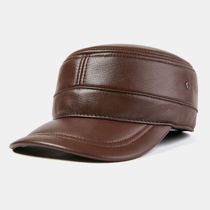 Protección Para Los Oídos De Cuero Genuino Para Hombres Mantener El Calor Al Aire Libre Invierno Sólido Retro Sombrero Militar Sombrero Plano Sombrero Con Pico