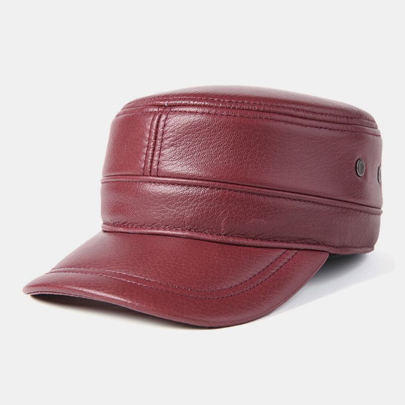 Protección Para Los Oídos De Cuero Genuino Para Hombres Mantener El Calor Al Aire Libre Invierno Sólido Retro Sombrero Militar Sombrero Plano Sombrero Con Pico