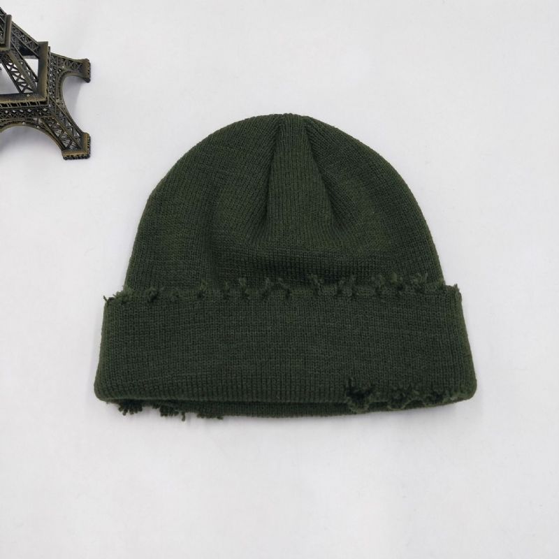 Sombrero De Arrendador De Punto Rasgado Sombrero De Lana De Color Puro Sombrero De Melón Deshilachado Gorros Fríos Gorro