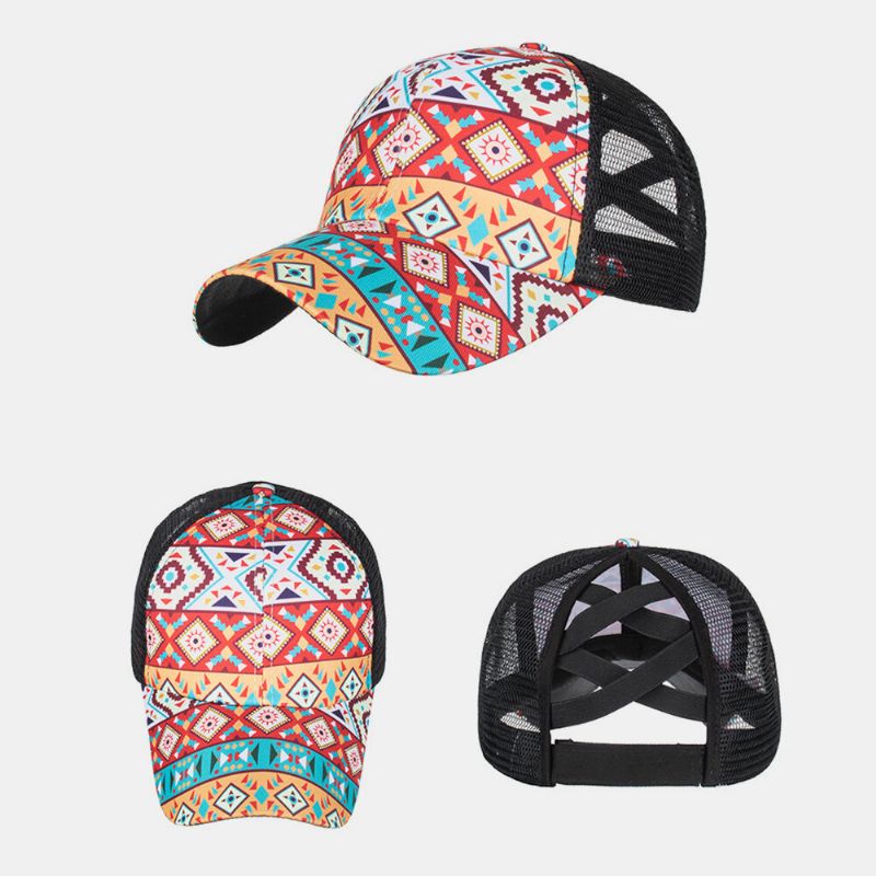 Sombrero De Béisbol Transpirable Con Sombrilla Con Estampado Geométrico De Malla Elástica Cruzada Unisex