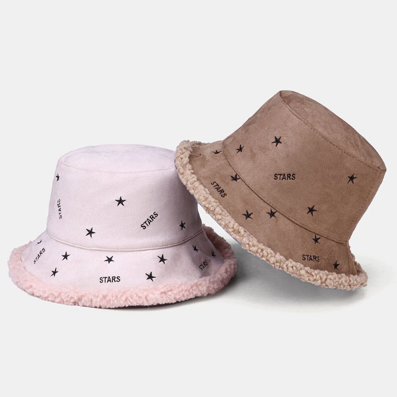 Sombrero De Cubo Al Aire Libre Con Estrellas Bordadas Suaves Y Cálidas De Cachemira Y Gamuza Para Mujer