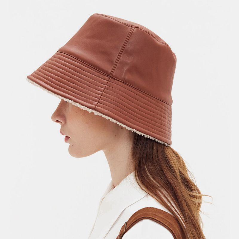 Sombrero De Cubo Cálido De Moda Informal De Felpa De Cuero Sintético De Doble Cara Para Mujer