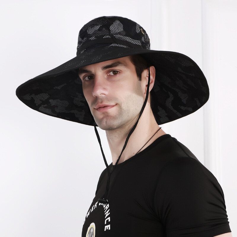 Sombrero De Cubo Para Hombre Malla Transpirable Gorra De Sombrilla Sombrero De Pesca Ala De Gran Tamaño Con Cuerda Ciclismo Al Aire Libre Escalada