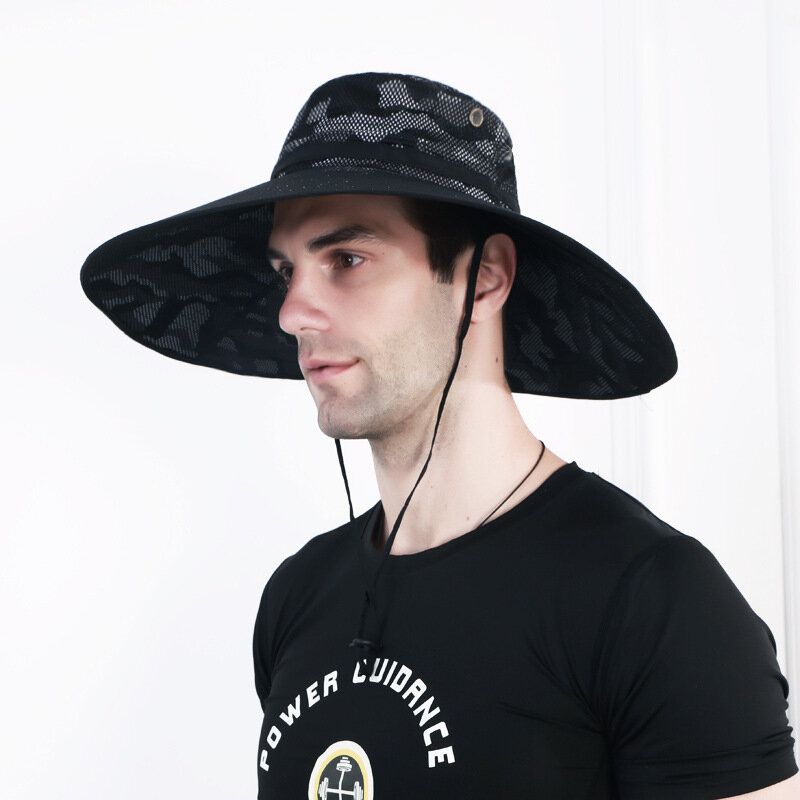 Sombrero De Cubo Para Hombre Malla Transpirable Gorra De Sombrilla Sombrero De Pesca Ala De Gran Tamaño Con Cuerda Ciclismo Al Aire Libre Escalada