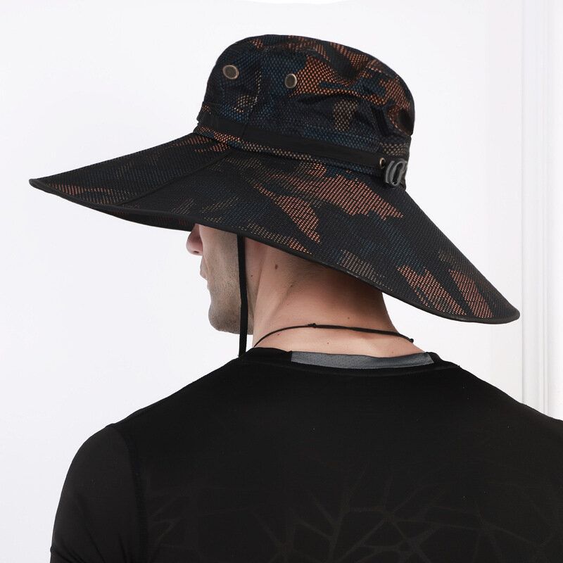 Sombrero De Cubo Para Hombre Malla Transpirable Gorra De Sombrilla Sombrero De Pesca Ala De Gran Tamaño Con Cuerda Ciclismo Al Aire Libre Escalada