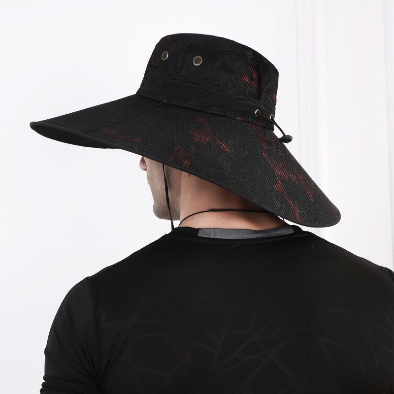 Sombrero De Cubo Para Hombre Malla Transpirable Gorra De Sombrilla Sombrero De Pesca Ala De Gran Tamaño Con Cuerda Ciclismo Al Aire Libre Escalada