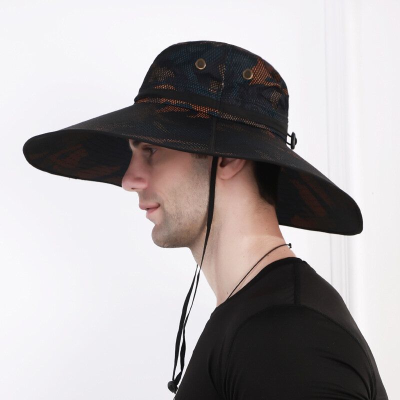 Sombrero De Cubo Para Hombre Malla Transpirable Gorra De Sombrilla Sombrero De Pesca Ala De Gran Tamaño Con Cuerda Ciclismo Al Aire Libre Escalada