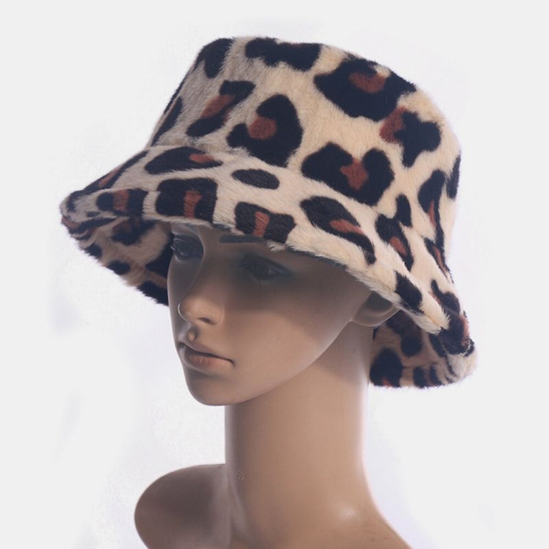 Sombrero De Cubo De Todo Fósforo Cálido Informal Con Patrón De Leopardo De Pelo De Conejo Para Mujer