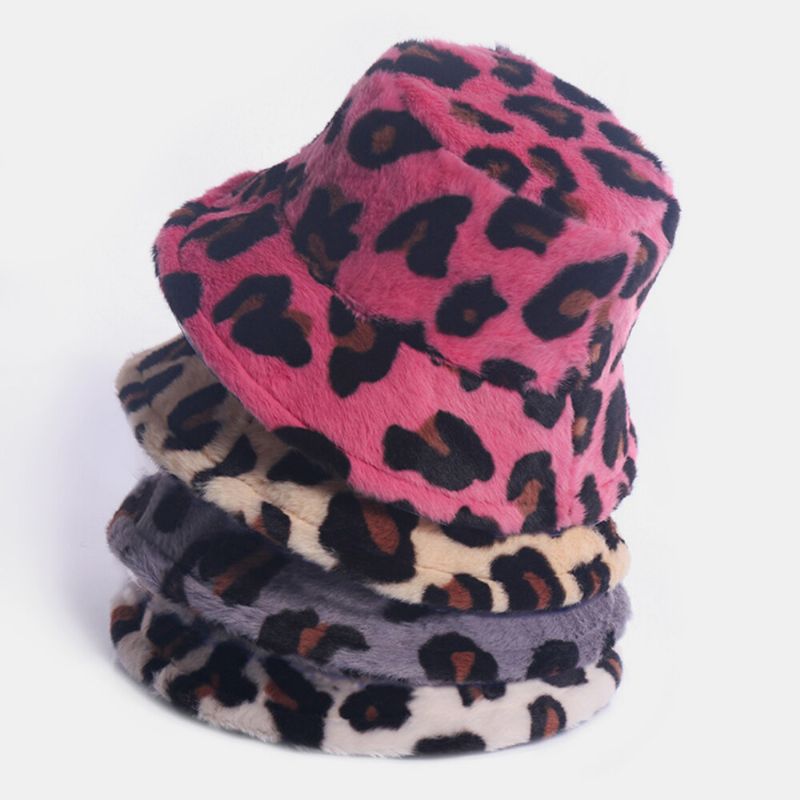 Sombrero De Cubo De Todo Fósforo Cálido Informal Con Patrón De Leopardo De Pelo De Conejo Para Mujer