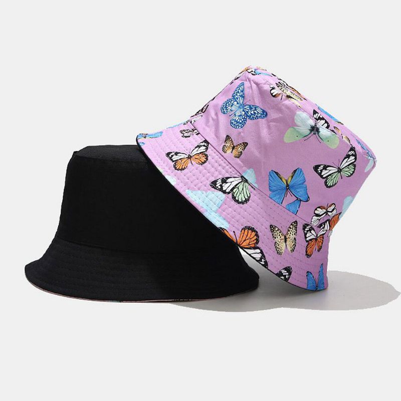 Sombrero De Cubo De Visor Solar Informal Para Mujer Con Patrón De Mariposa De Algodón De Doble Cara