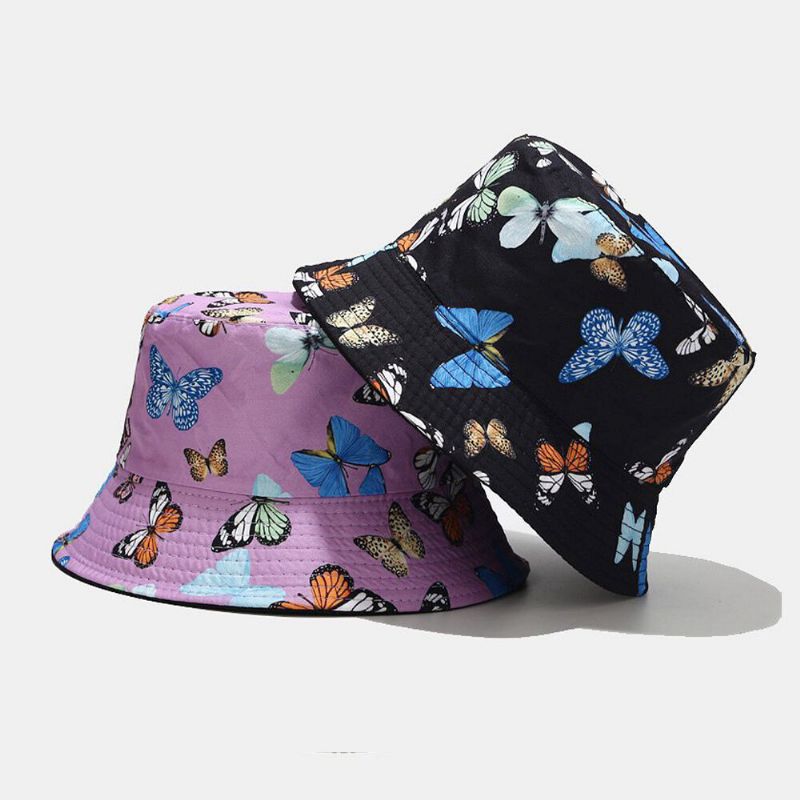 Sombrero De Cubo De Visor Solar Informal Para Mujer Con Patrón De Mariposa De Algodón De Doble Cara