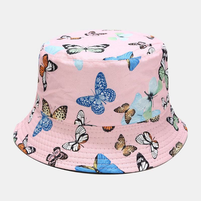 Sombrero De Cubo De Visor Solar Informal Para Mujer Con Patrón De Mariposa De Algodón De Doble Cara