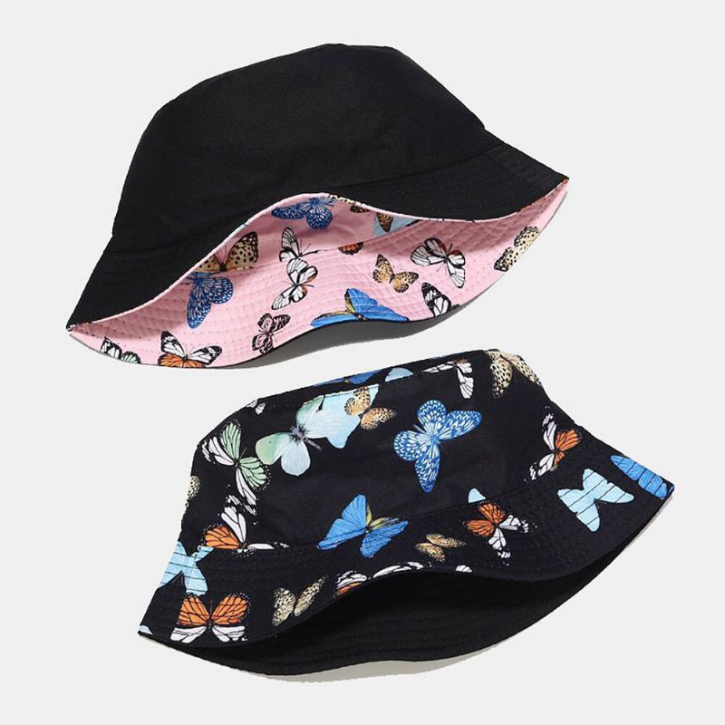 Sombrero De Cubo De Visor Solar Informal Para Mujer Con Patrón De Mariposa De Algodón De Doble Cara