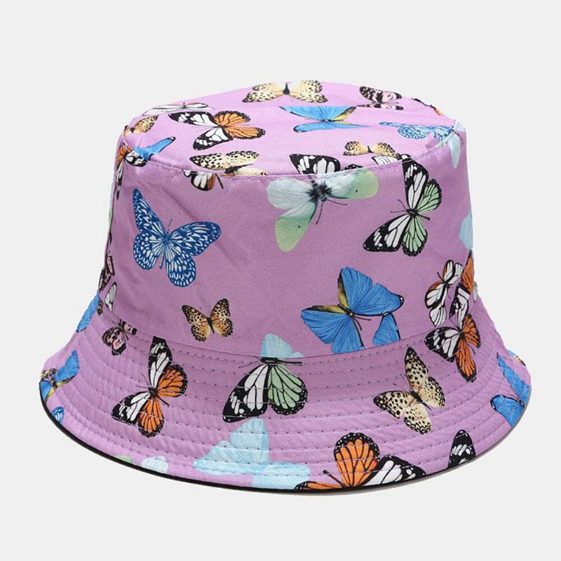 Sombrero De Cubo De Visor Solar Informal Para Mujer Con Patrón De Mariposa De Algodón De Doble Cara