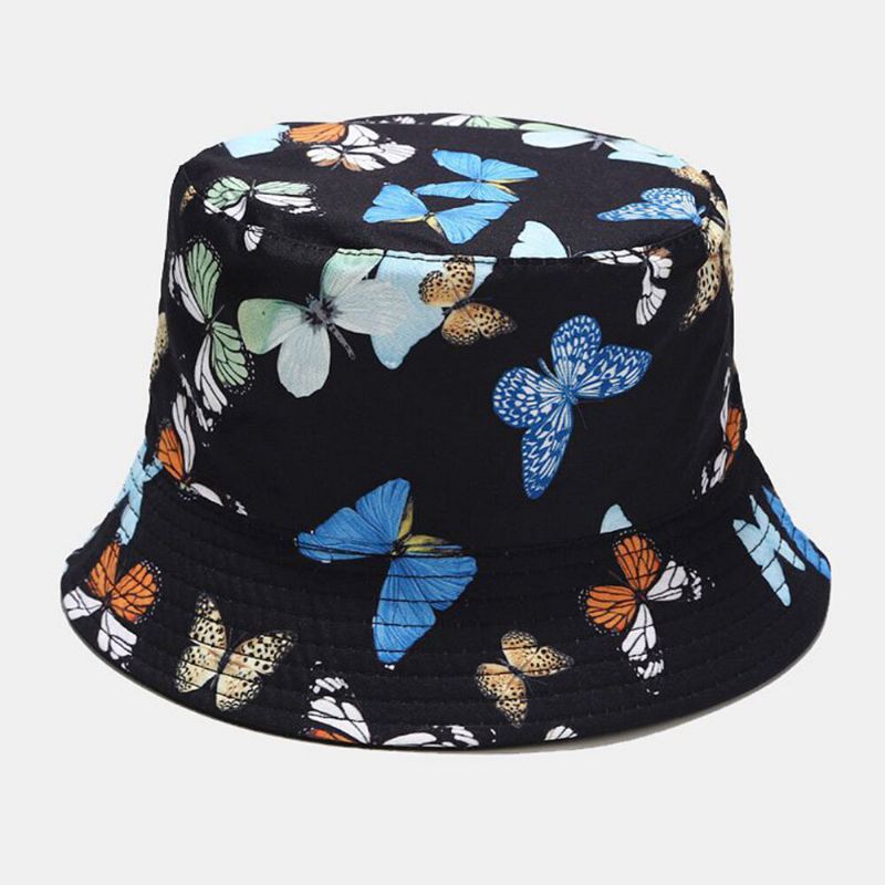 Sombrero De Cubo De Visor Solar Informal Para Mujer Con Patrón De Mariposa De Algodón De Doble Cara