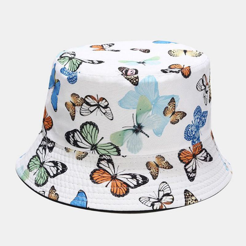 Sombrero De Cubo De Visor Solar Informal Para Mujer Con Patrón De Mariposa De Algodón De Doble Cara