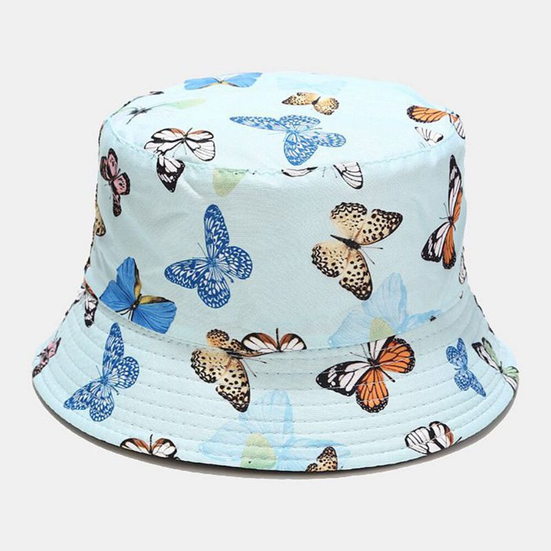 Sombrero De Cubo De Visor Solar Informal Para Mujer Con Patrón De Mariposa De Algodón De Doble Cara