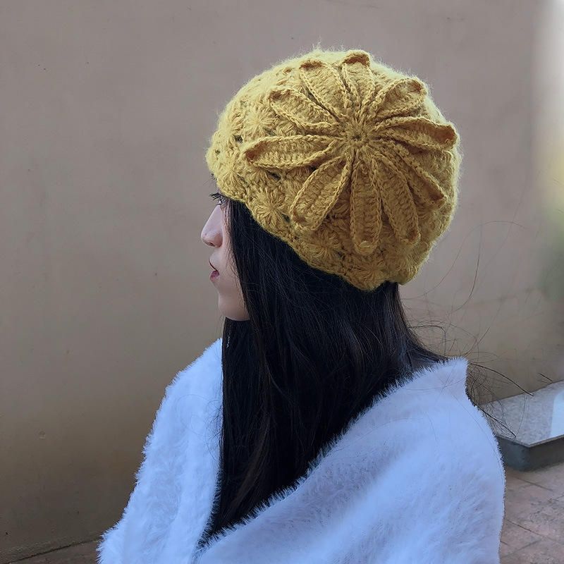 Sombrero De Lana De Punto Hecho A Mano De Estilo Étnico Mujeres Retro Elegante Boina De Flores Beanie