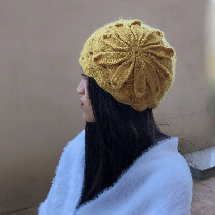 Sombrero De Lana De Punto Hecho A Mano De Estilo Étnico Mujeres Retro Elegante Boina De Flores Beanie