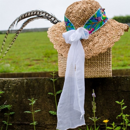 Sombrero De Paja Estampado Bordado Con Bufanda Para Mujer