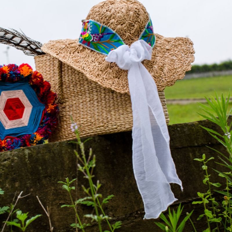 Sombrero De Paja Estampado Bordado Con Bufanda Para Mujer