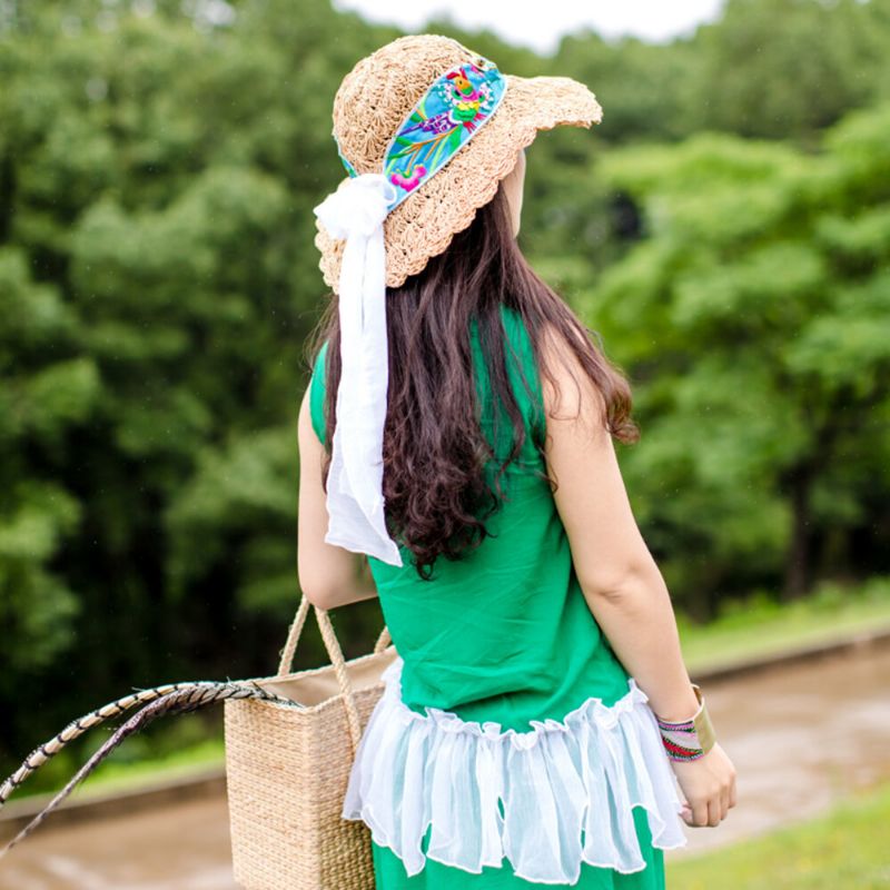 Sombrero De Paja Estampado Bordado Con Bufanda Para Mujer