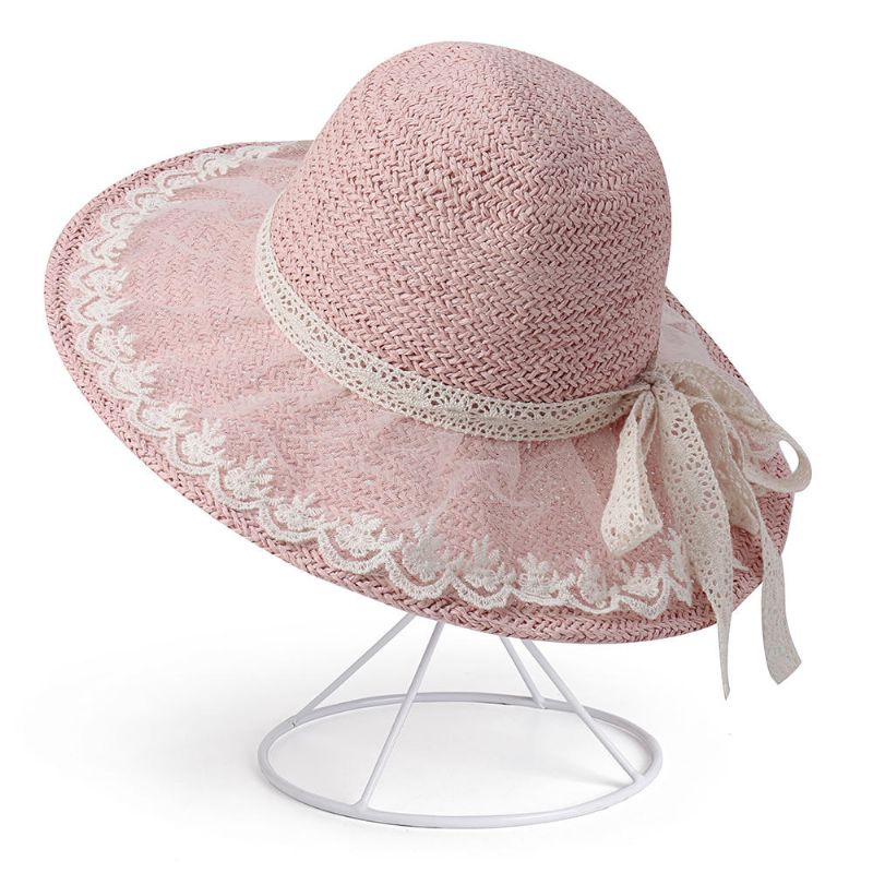 Sombrero De Paja Plegable Con Lazo De Encaje Plegable Para Mujer Sombrero De Paja Para Viajes Casuales Al Aire Libre Playa Mar Sombrero Flexible