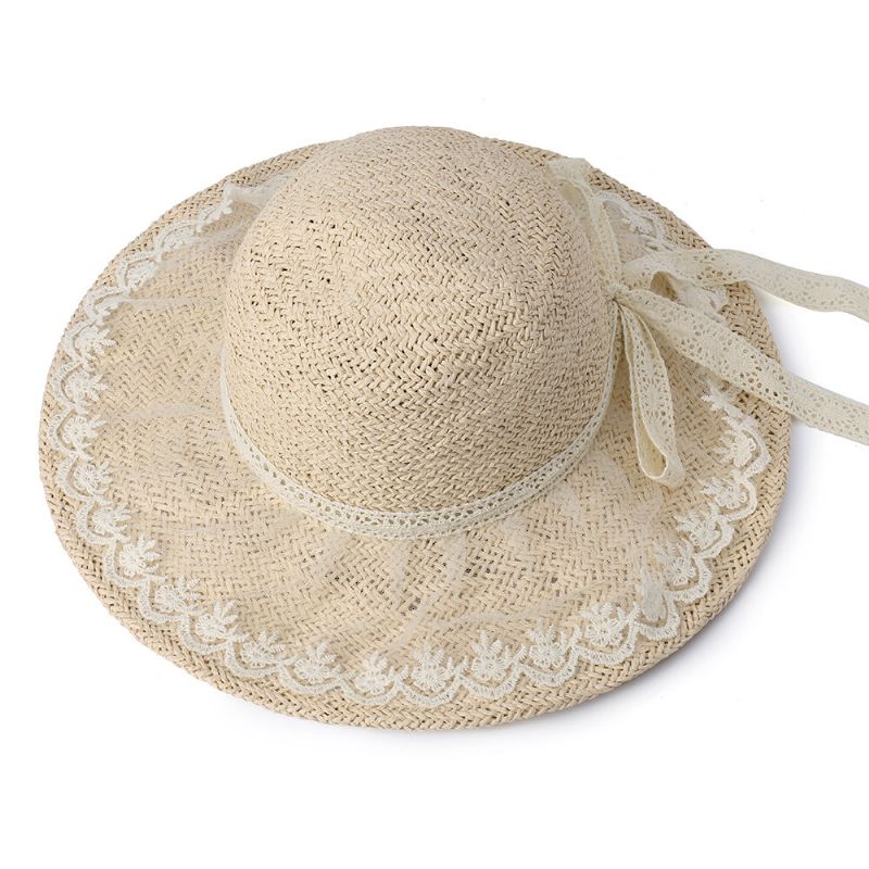 Sombrero De Paja Plegable Con Lazo De Encaje Plegable Para Mujer Sombrero De Paja Para Viajes Casuales Al Aire Libre Playa Mar Sombrero Flexible