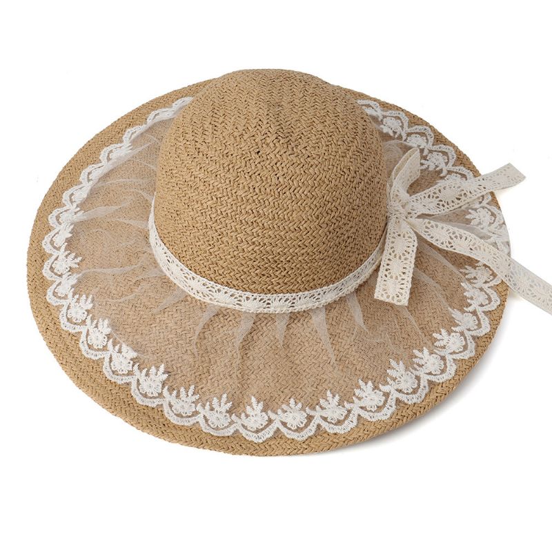 Sombrero De Paja Plegable Con Lazo De Encaje Plegable Para Mujer Sombrero De Paja Para Viajes Casuales Al Aire Libre Playa Mar Sombrero Flexible