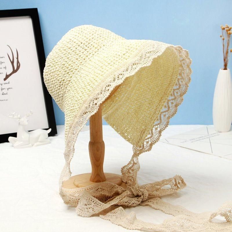 Sombrero De Paja Plegable Con Protección Solar Y Ala De Encaje Para Mujer