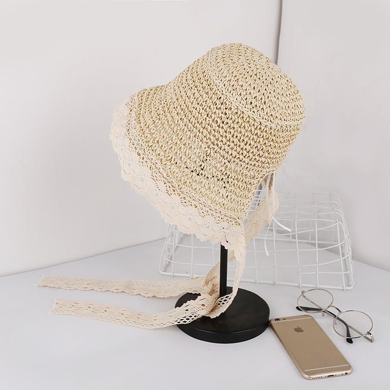 Sombrero De Paja Plegable Con Protección Solar Y Ala De Encaje Para Mujer