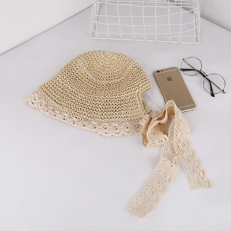 Sombrero De Paja Plegable Con Protección Solar Y Ala De Encaje Para Mujer