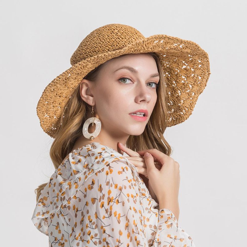 Sombrero De Paja De Sombra De Viaje Con Gorra De Borde Grande De Color Sólido Para Mujer