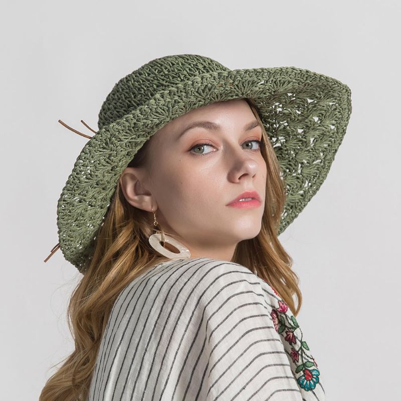 Sombrero De Paja De Sombra De Viaje Con Gorra De Borde Grande De Color Sólido Para Mujer